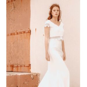 Ensemble de mariée Adam et Jade par Florence M 2020. Robe de mariée moderne et bohème en dentelle créatrice française. Boutique Mariage Paris