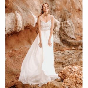 Ensemble de mariée Joseph et Eleanor par Florence M 2020. Robe de mariée moderne et bohème en dentelle créatrice française. Boutique Mariage Paris
