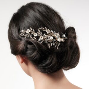 Accessoire de cheveux feuilles dorées et strass Poirier. Bijou de tête mariée doré feuilles, fleurs et strass. Acheter en ligne et boutique Paris