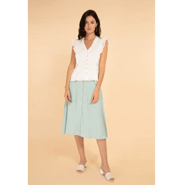 Jupe Jessy vert d'eau longueur midi. Tenue témoin mariée couleur pastel pas chère. Acheter boutique mariage Paris et en ligne