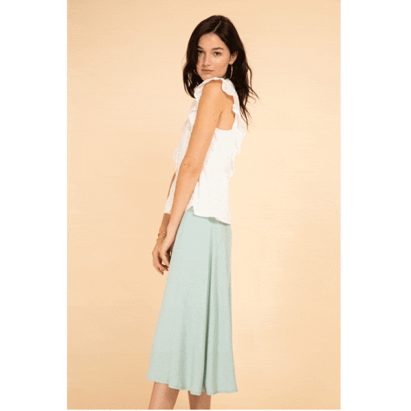 Jupe Jessy vert d'eau longueur midi. Tenue témoin mariée couleur pastel pas chère. Acheter boutique mariage Paris et en ligne