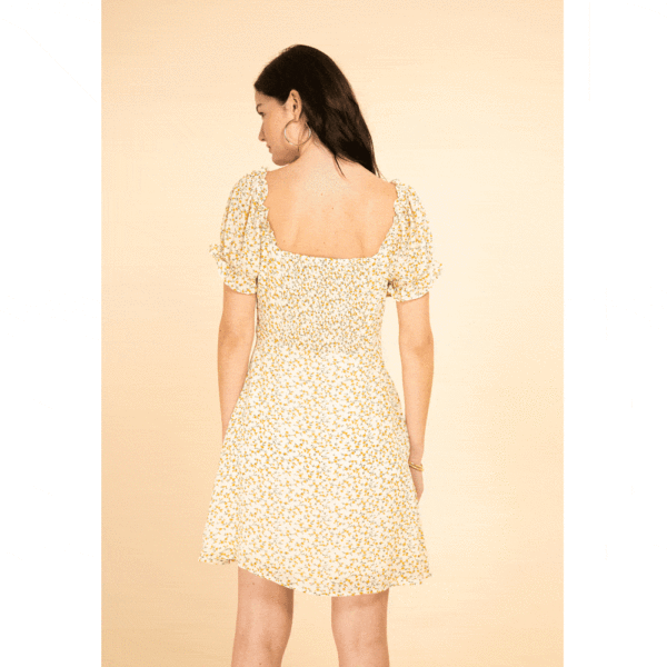 Robe Rony ivoire petites fleurs jaunes Tenue témoin mariée couleur pastel pas chère. Acheter boutique mariage Paris et en ligne