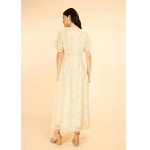 Robe Ruby ivoire petites fleurs jaunes. Robe longue retro. Tenue témoin mariée couleur pastel pas chère. Acheter boutique mariage Paris et en ligne