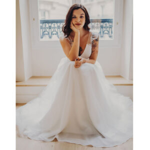 Robe de mariée longue Céleste Bo'M collection 2021. Essayer robe tulle et dentelle boutique mariage Paris sur RDV