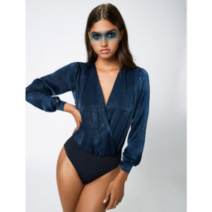 Lingerie Body col V effet velours bleu Centaure. Body décolleté coton noir sexy et confortable. Acheter boutique paris et en ligne