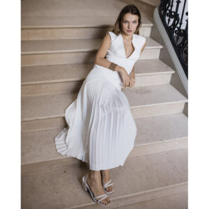 Robe de mariée longue midi blanc ivoire Marlène. Tenue de mariée ensemble blanc ivoire. Mariage civil. Acheter boutique Paris et en ligne