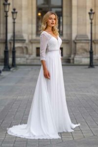 Robe de mariée bohème manches longues Crépuscule d'une nuit d'été. Robe mariage manches trois quart petit prix. Boutique Paris et en ligne