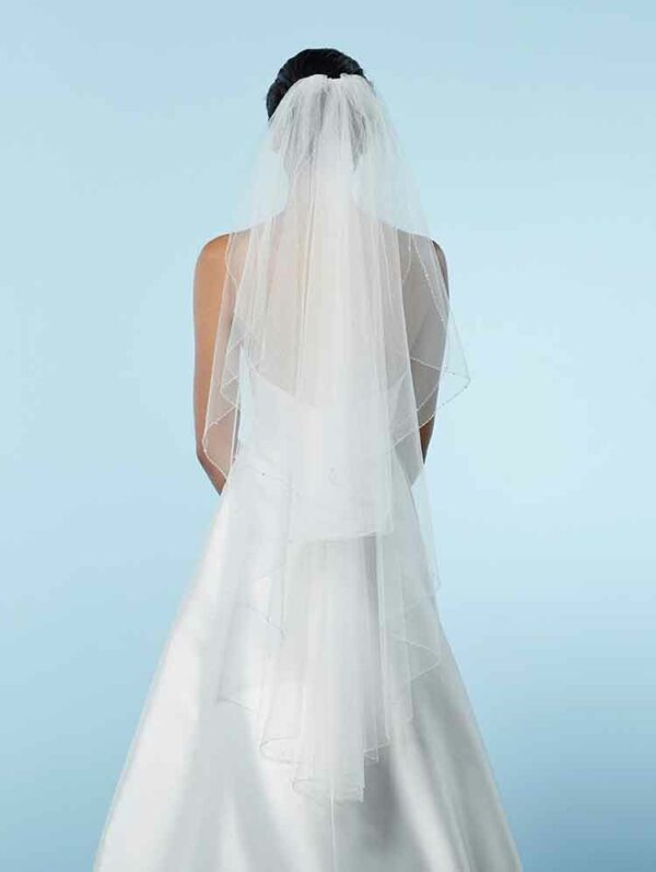Voile double mi-long tulle fin orné de perles de verre sur les bords. Acheter boutique accessoires mariée Paris. Eshop mariage en ligne