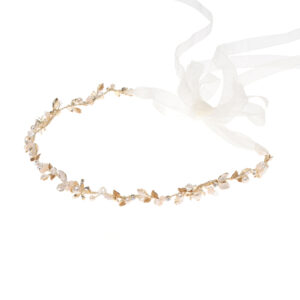 Tiare de mariée base dorée feuilles et perles fines. Accessoire de cheveux mariage doré ou argenté. Achat en ligne ou boutique paris