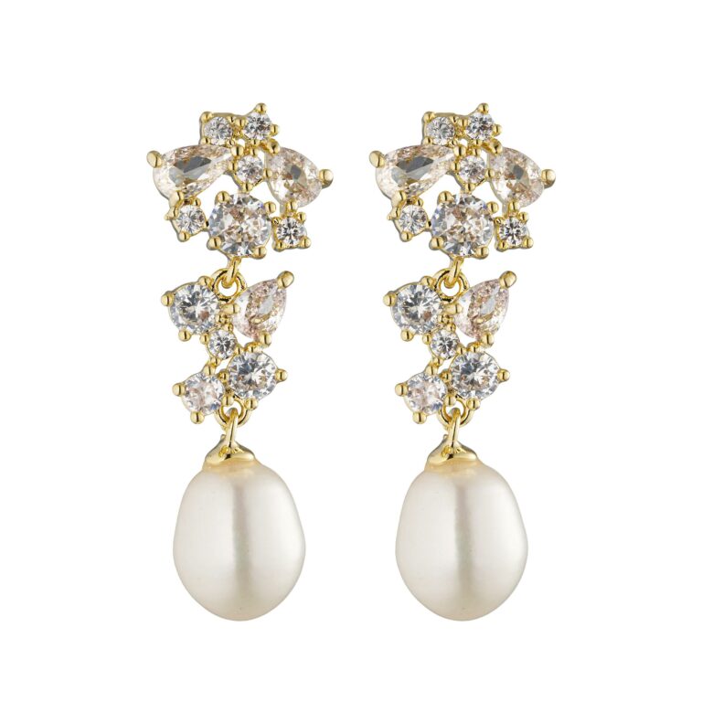 Boucles d’oreilles tombantes avec une perle et des strass, accessoire de mariage. Achat en ligne ou boutique mariage paris