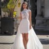 Robe courte et longue 2 en 1 Lili. Robe tout en dentelle col montant avec surjupe amovible. Essayer boutique mariage civil Paris