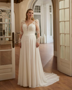 Robe de mariée Wastel Martha Blanc 2026. Robe mariage dentelle grande taille manches longues amovibles. boutique mariage paris RDV