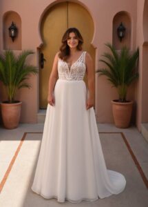 Robe de mariée Curvy Charmée nouvelle collection 2025. Robe grandes tailles col V dentelle stylée. Boutique mariage bohème Paris RDV
