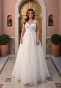 Robe de mariée Curvy Enivrée nouvelle collection 2025. Robe grandes tailles dentelle et tulle manches amovibles. Boutique mariage Paris RDV