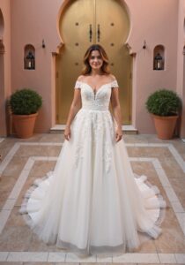 Robe de mariée Curvy Captivée nouvelle collection 2025. Robe grandes tailles col bateau dentelle et tulle. Boutique mariage bohème Paris RDV