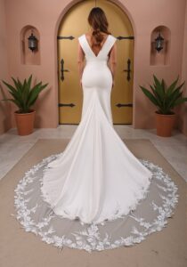 Robe de mariée Curvy Fascinée nouvelle collection 2025. Robe grandes tailles satin glam et traîne dentelle. Boutique mariage Paris RDV