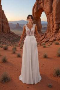 Robe de mariée Julia dentelle fine sans manche, transparence fluide. Petit prix moins de 1000€ essayer boutique Paris