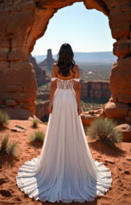 Robe de mariée Joyce bustier manches tombantes jupe fluide. Mariage retro chic Petit prix moins de 1000€ essayer boutique Paris
