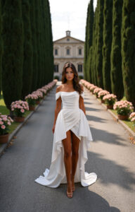 Robe Lilou courte et longue 2 en 1. Nouveauté qu'on adore ! Une robe vraiment parfaite pour un mariage civil puis la fête. Elle est composée d'une robe courte simple en crepe blanc cassé, et d'une surjupe courte pour un effet traîne, qui peut s'ôter quand vous le souhaitez. On adore ses manches tombantes, très tendance Ce modèle fait partie de nos pépites créateurs. A essayer chez Pivoines and love sur RDV. Dispo sur commande environ 5 mois de délai, de la taille 32 à la taille 60